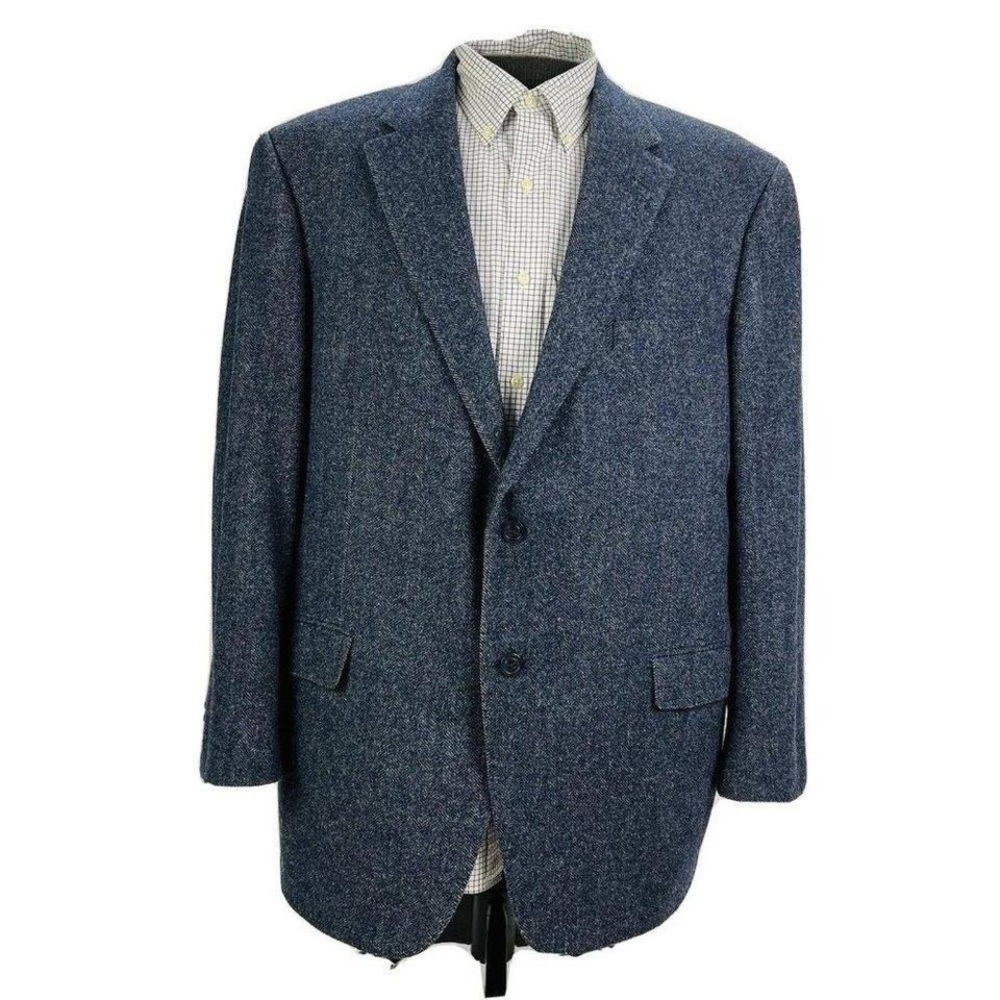 Samuelsohn‎ Blue Herringbone Wool Cashmere 2 Btn 1 Vent Sport Coat Mens 47R